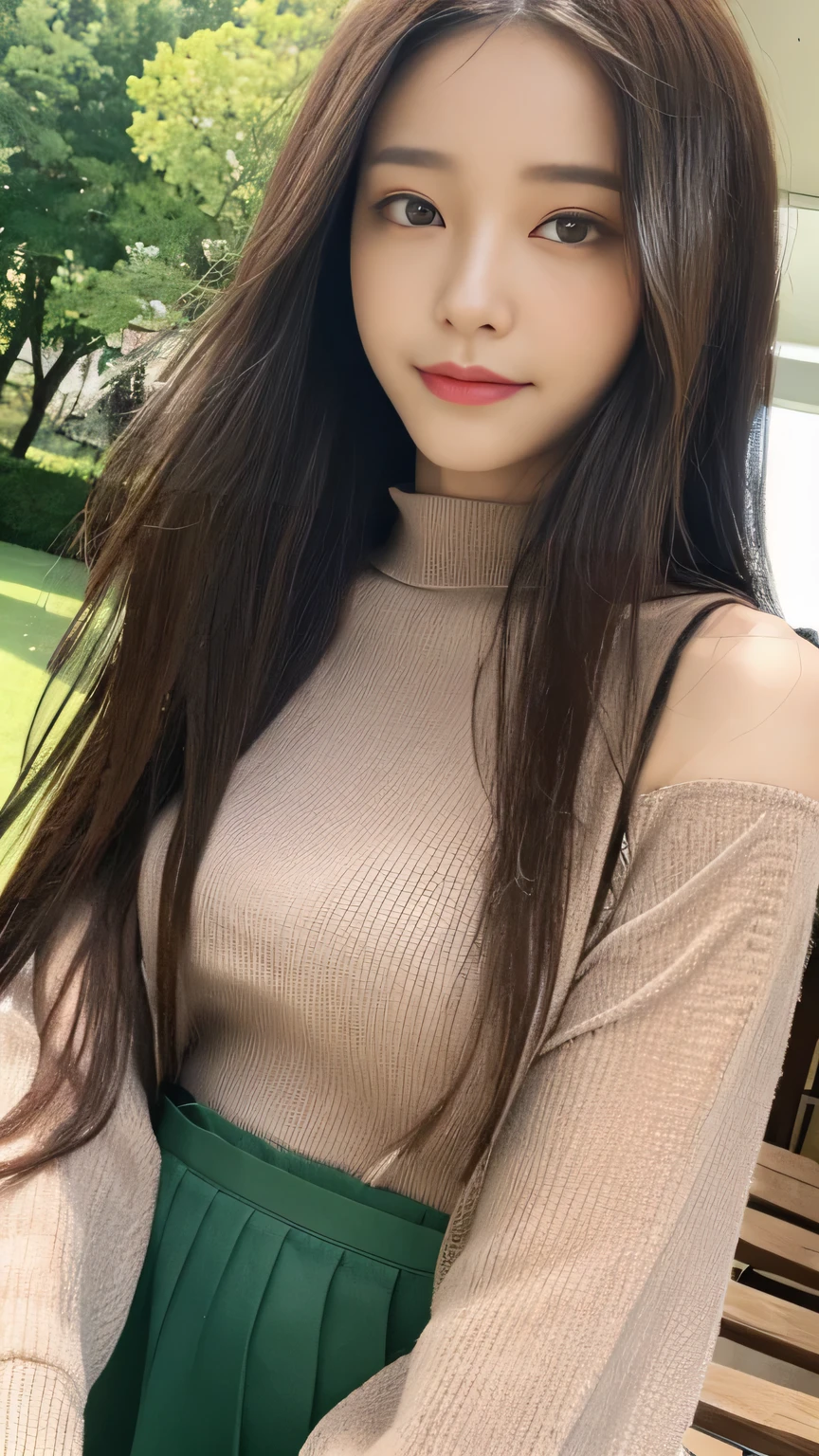 Full body angle、((highest quality, 8K, masterpiece:1.3)), concentrated:1.2, Perfect body beauty:1.4, Hips:1.2, ((Delicate Hair)), (Colorful lettuce cut mock neck see-through top without bra、 :1.1) , ((highest quality、8K、masterpiece:1.3))、1 Girl、A sloppy smile、Esbian all over、Slim face、Big 、Beautiful woman、(Dark Brown Hair)、Long Hair、1.1、Flickering Valley、Detailed eyes、double eyelid、Blurred Background、超Slim face、Looking down、garden、