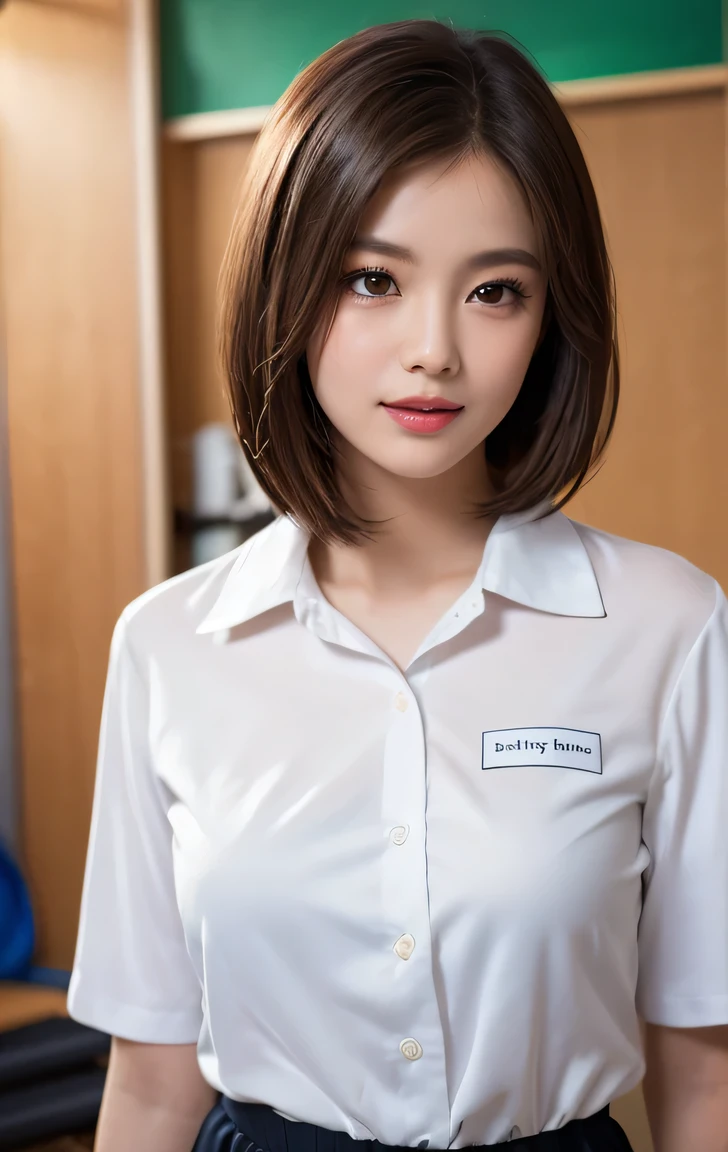 beautiful face, Amazing face and eyes, (silky brown hair, (hime cut hair:1.2)), , , delicate, (Best Quality:1.4), (Ultra-detailed), (extremely detailed beautiful face),, brown eyes, (highly detailed Beautiful ), , (extremely detailed CG unified 8k wallpaper), Highly detailed, High-definition raw color photos, Professional Photography, Realistic portrait, Extremely high resolution, ,, , ((photo from the waist up )), Generate with SFW, ((1 girl:1.3)), Japanese ((20year old )), , (highest quality:1.4), 32k resolution, (Realistic:1.5), (Ultra-realistic:1.5), High resolution UHD, (masterpiece:1.2)), (Improvement of quality:1.4), (Very beautiful facial details), (Highest quality realistic skin texture:1.4), ((Perfect Anatomy:1.2)), (Are standing:1.37), , ((light light grey background color:1.0)), Accurate Fingers, Very detailed, Symmetrical eyes, Fine eyelashes, Thinly trimmed eyebrows, View audience, Natural Makeup, [Pink lipstick], ((A good eye for quality:1.2)), (tired, Sleepy and satisfied:0.0), (Beautiful Lips:1.33), (Great nose:1.2), ((dressing room of school of the Background:1.37)), ((small breast)), Tight waist, , , bangs, , Gentle light illuminates the face and body, Spectacular and inspiring cinema lighting, big smile , , (noon,), , ((In the classroom of the school,)), ((wearing school white gym shirt,wearing black bike shorts)), ,, , ((arms at sides down)),full body photo ,Do not enphasize the top of bust,