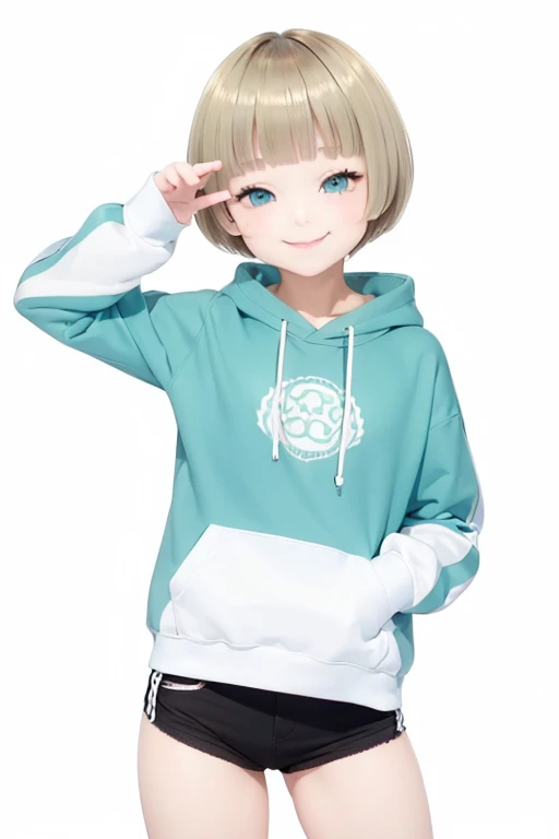 Blonde hair, short mash hair, turquoise eyes,A girl with impressive blonde hair、hair ornaments、short bob、hot pants、smile、dynamic pose, plain white hoodie, black shorts, black sneakers, 