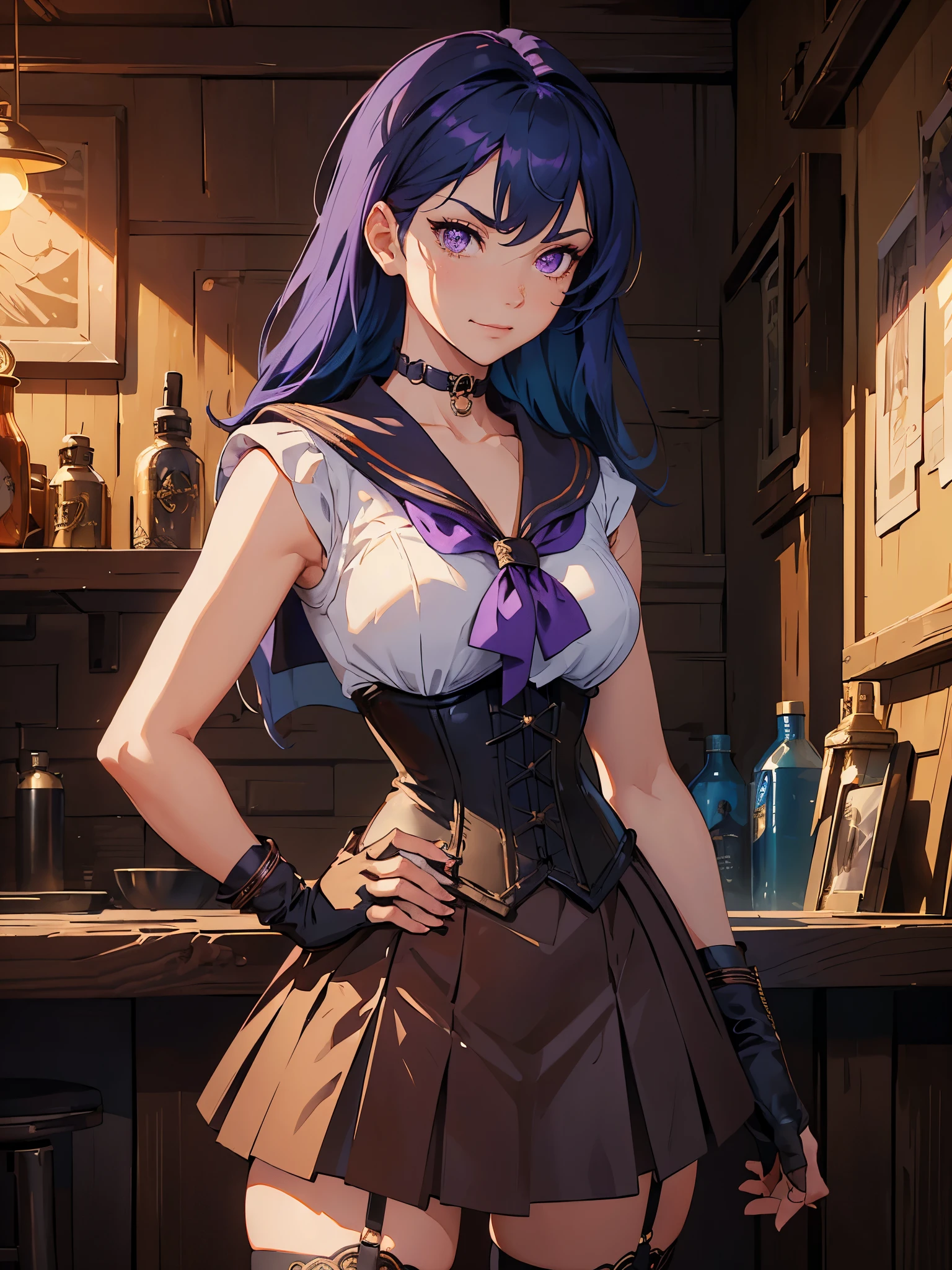 masterpiece, high quality, standing, 1_women, (upper body), (((looking away from viewer))), (bright blue hair), medium length hair, cute bangs, flowing hair, (exotic skin_complexion:1.4),mature, tall, diamond shaped eyes, (((purple eyes))), dark_eyeliner, long_eyelashes), (hands on hip), (purple fingerless_gloves), beautiful, exotic, elegant, slim, (((sailor collar))), black thigh highs, choker, medium bust, (brown steampunk corset), black ****ta style skirt, knee high heel with laces, (sleeveless), natural dynamic lighting, ((smirking)), steampunk, inside rustic tavern, 