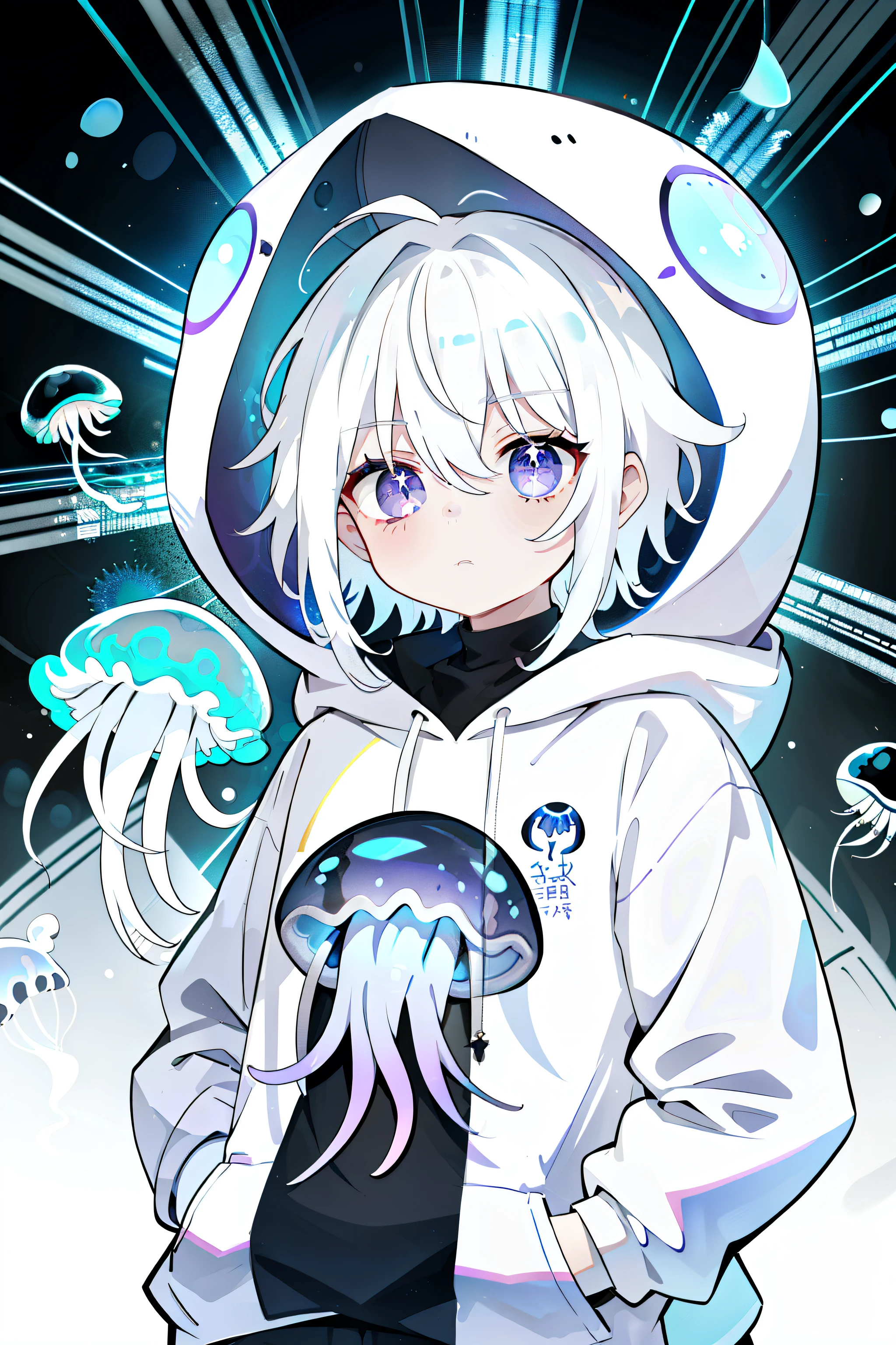 (high quality, thrilling),(expressive eyes, perfect face), (white hair), ((1 man)), male, alone, short,  boy, (wearing a jellyfish hoodie), jellyfish background, purple eyes