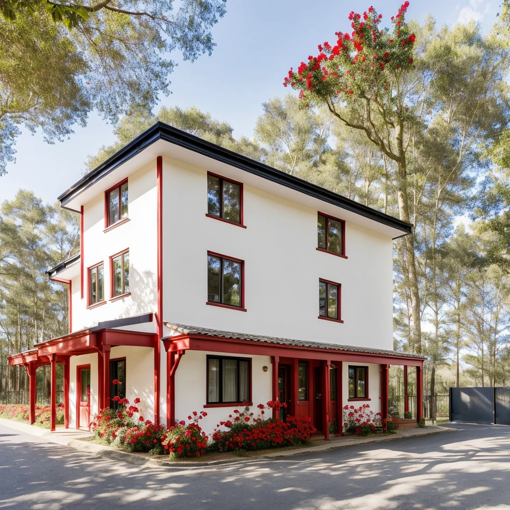 PLATFORM KTHOUSE,  1 industry house,, Many beautiful red flowers along the road:1.1, romantic, The town house is made from white walls, beautyful light, beautyfulday, sunny, lovely youthful feeling :1.2, sunlight at 12 noon, Very beautiful shadows, 