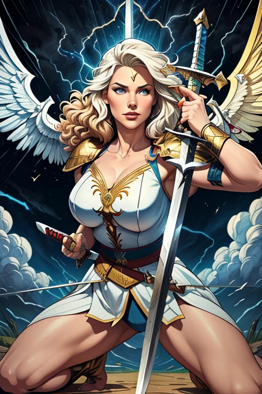 vetorial art,flat colors,stained glass,glorious victory scene,vivid colors,beautiful vintage warrior woman with very big white open wings,beautiful face,curly long hair,((((holding two swords in front of the body in a defensive position)))), white armor with gold embroid details, storm sky and lightning clouds background