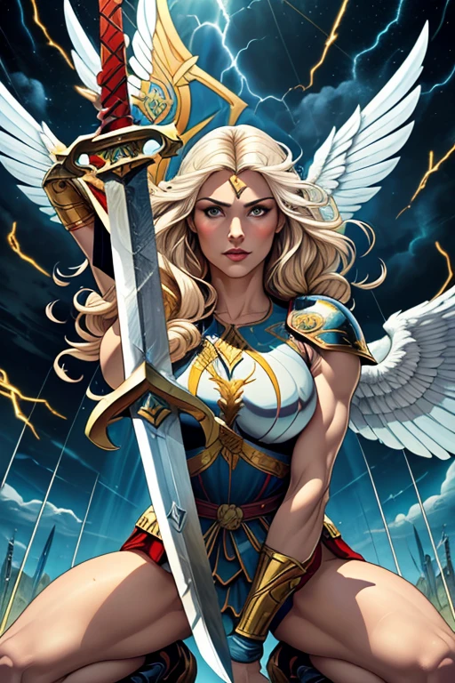 vetorial art,flat colors,stained glass,glorious victory scene,vivid colors,beautiful vintage warrior woman with very big white open wings,beautiful face,curly long hair,((((holding two swords in front of the body in a defensive position)))), white armor with gold embroid details, storm sky and lightning clouds background