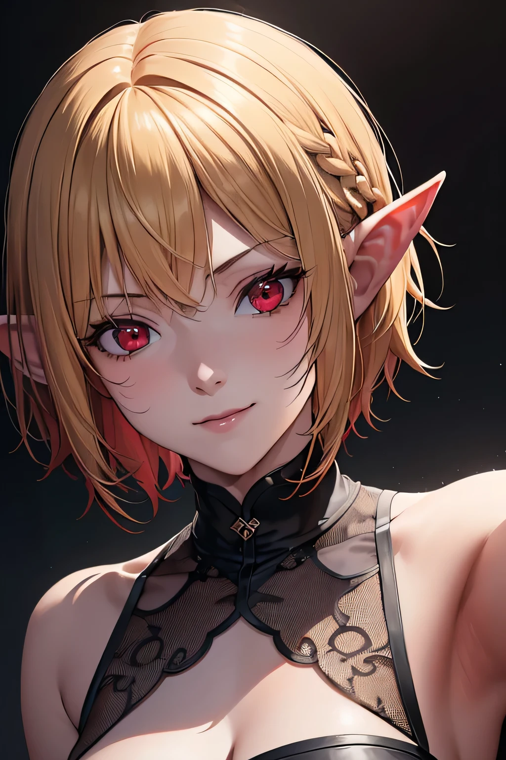 absurdres, (8k, RAW photo, best quality), masterpiece, hyper detailed, perfection, best quality, photo-realistic, (((1girl:1.2))), (((blond girl))), (((solo:1.2))), elf, elf ears, (((blond shortcut hair))), (((burgundy hair ends))), (((scarlet red eyes))), (slanted red eyes, tsurime), blond eyebrows, (portrait:1.34), face shot, full-length:1.5, (((fashion model pose))), at schoolyard, daylight, amazing shadow, close-up, (evil smile), (((face close-up)))