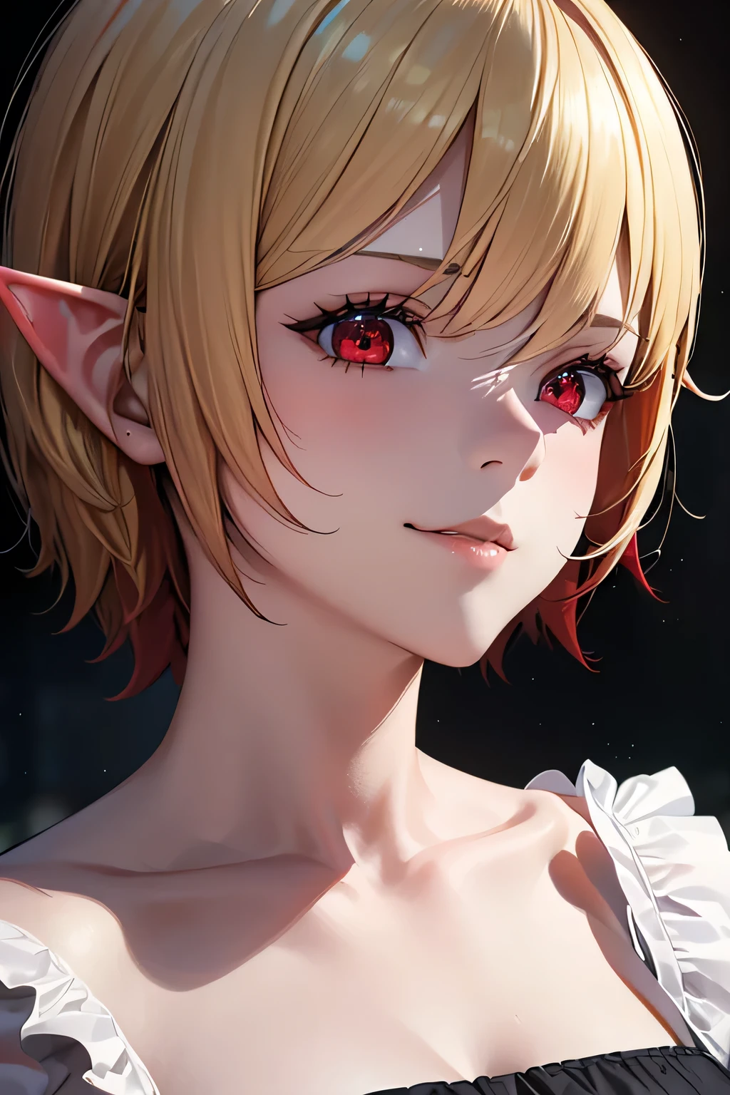absurdres, (8k, RAW photo, best quality), masterpiece, hyper detailed, perfection, best quality, photo-realistic, (((1girl:1.2))), (((blond girl))), (((solo:1.2))), elf, elf ears, (((blond shortcut hair))), (((burgundy hair ends))), (((scarlet red eyes))), (slanted red eyes, tsurime), blond eyebrows, (portrait:1.34), face shot, full-length:1.5, (((fashion model pose))), at schoolyard, daylight, amazing shadow, close-up, (evil smile), (((face close-up)))