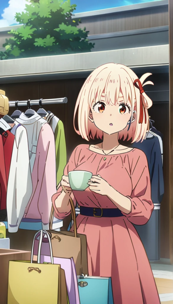 1girl, nishikigi chisato, lycoris recoil, shopping, outdoor, masterpiece, best quality, very aesthetic, absurdres, large breast, anime artwork, anime style, key visual, vibrant, studio anime, highly detailed