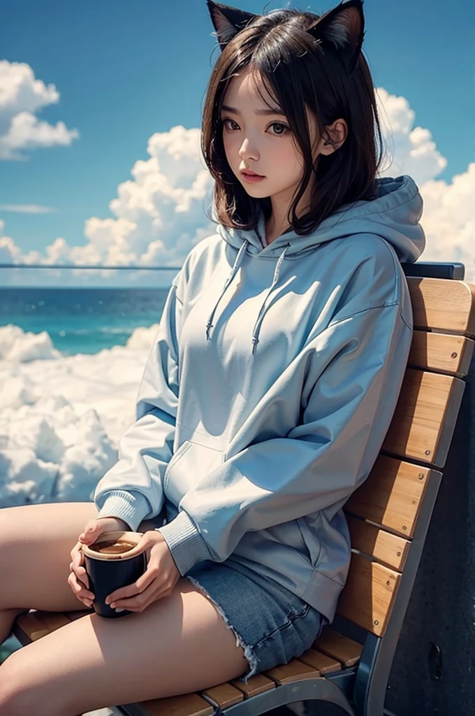 human body, cat head, holding coffee, sitting in clouds, wearing hoodie,