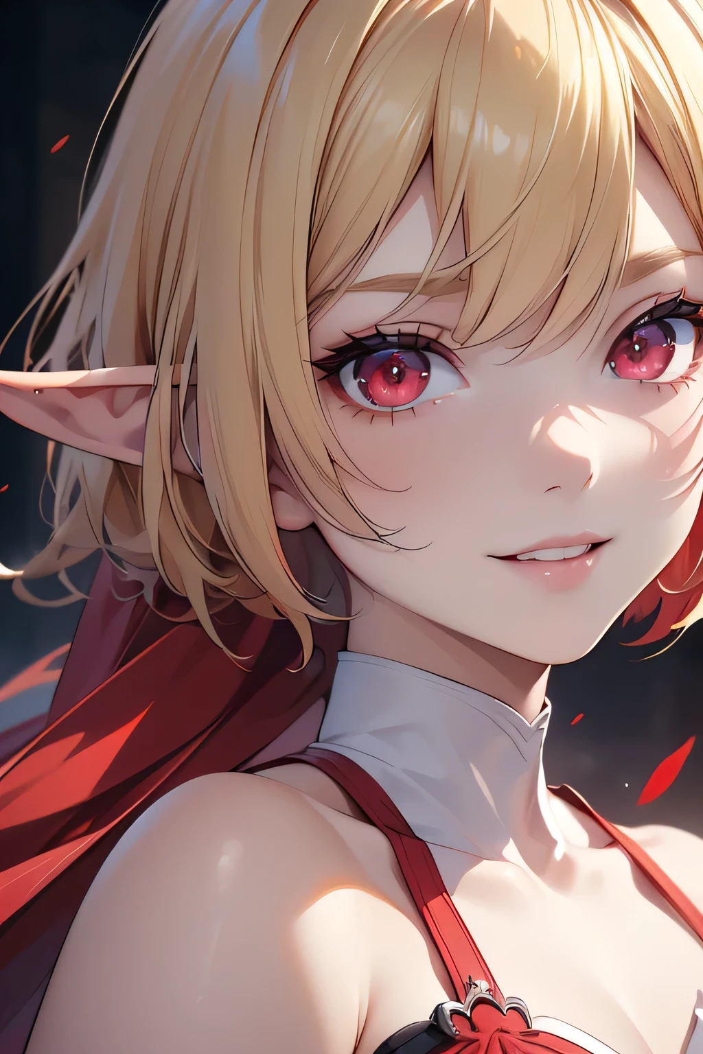 absurdres, (8k, RAW photo, best quality), masterpiece, hyper detailed, perfection, best quality, photo-realistic, (((1girl:1.2))), (((blond girl))), (((solo:1.2))), elf, elf ears, (((blond shortcut hair))), (((burgundy hair ends))),  (((scarlet red eyes))), (slanted red eyes, tsurime), blond eyebrows, (hair ornament), (portrait:1.34), face shot, full-length:1.5, (((fashion model pose))), at schoolyard, daylight, amazing shadow, close-up, ((evil smile)), (((face close-up))):1.4