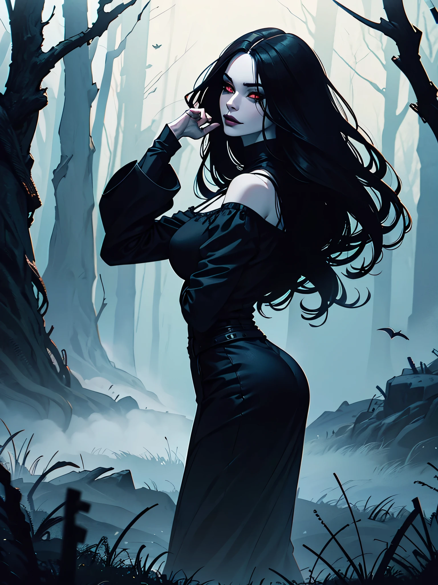 (best quality,4k,8k,highres,masterpiece:1.2),ultra-detailed,(realistic,photorealistic,photo-realistic:1.37),goth korean girl, gothic,1woman,dark forest,red eyes,dark ambient,low saturation,anime style,pale skin,long flowing hair,gothic clothing,silhouette,surreal background,mysterious atmosphere,intense emotions,melancholic expression,lens flare,dramatic shadows,symbolic elements,heavy makeup,pale and dark colors,misty fog,ethereal beauty,subtle texture, dark makeup, back shot , full body, wicked smile, seductive witch, near cabin
