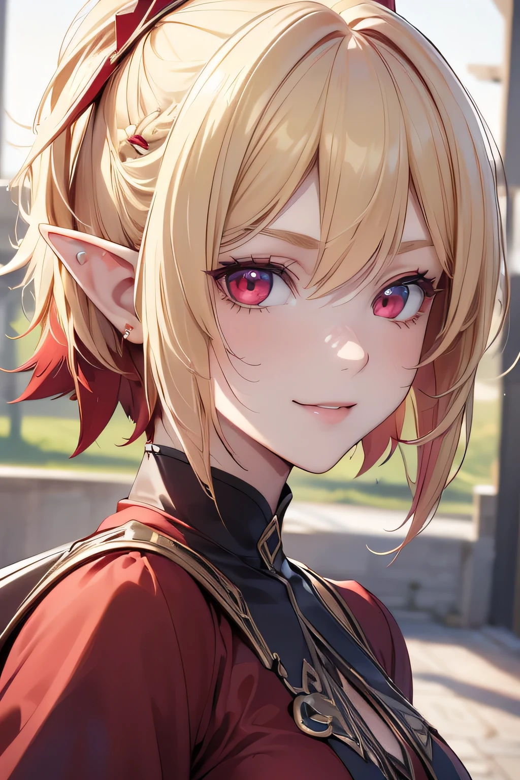 absurdres, (8k, RAW photo, best quality), masterpiece, hyper detailed, perfection, best quality, photo-realistic, (((1girl:1.2))), (((blond girl))), (((solo:1.2))), elf, elf ears, (((blond shortcut hair))), (((burgundy hair ends))),  (((scarlet red eyes))), (slanted red eyes, tsurime), blond eyebrows, (hair ornament), (portrait:1.34), face shot, full-length:1.5, (((fashion model pose))), at schoolyard, daylight, amazing shadow, close-up, ((evil smile)), (((face close-up))):1.4