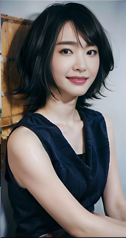 highest quality, masterpiece, Ultra-high resolution, (Realistic:1.4), RAW Photos, One girl, Beautiful Japanese Women, Beautiful Skin, Black Hair:1.7, gakki, ((short hair:1.5)), 30 years old, Smile happily:1.2, white tank top
