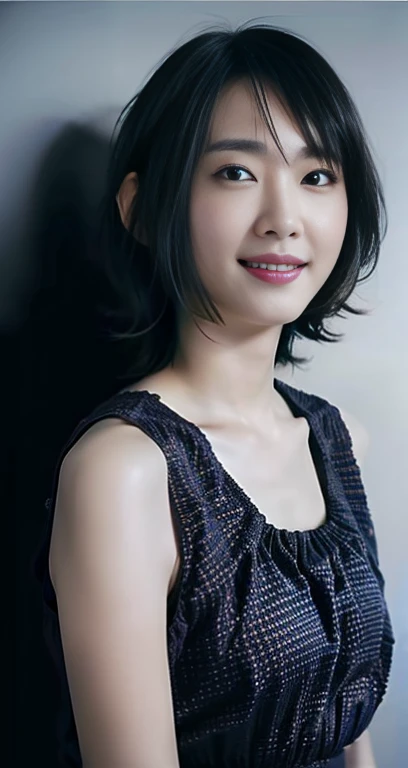 highest quality, masterpiece, Ultra-high resolution, (Realistic:1.4), RAW Photos, One girl, Beautiful Japanese Women, Beautiful Skin, Black Hair:1.7, gakki, ((short hair:1.5)), 30 years old, Smile happily:1.2, white tank top