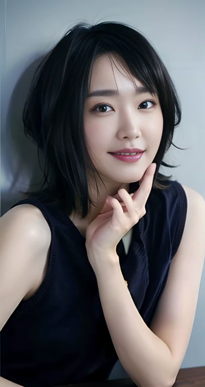 highest quality, masterpiece, Ultra-high resolution, (Realistic:1.4), RAW Photos, One girl, Beautiful Japanese Women, Beautiful Skin, Black Hair:1.7, gakki, ((short hair:1.5)), 30 years old, Smile happily:1.2, white tank top