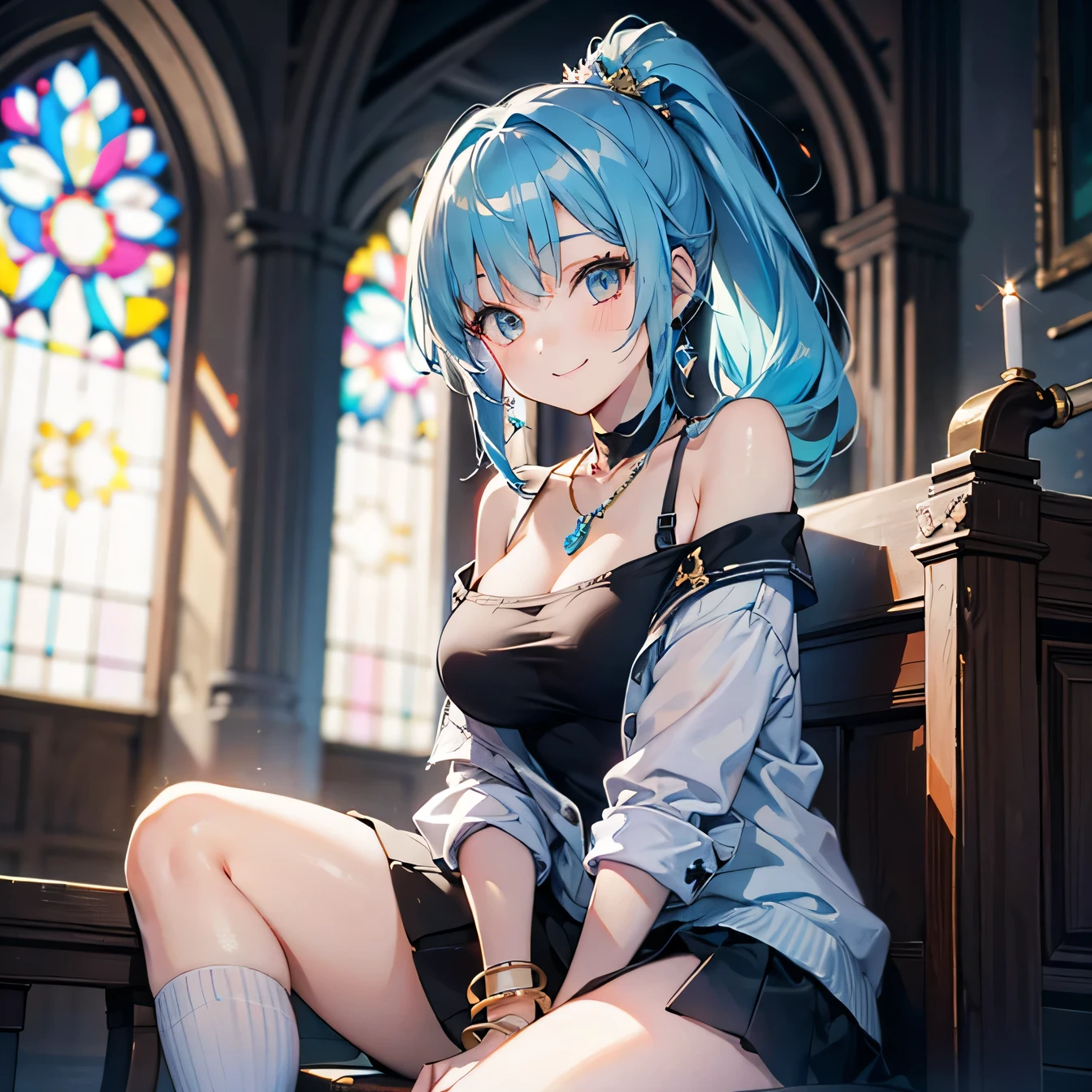 Anime Moe Art Style,highest quality,High resolution,Anatomically correct,One Girl,Mid-teens,A girl with light blue hair in a ponytail,Super detailed,Fantasy-style world,off shoulder tops,mini skirt,Big Breasts,Bright smile,smile,church,Sitting and playing the pipe organ,Eyes drawn in detail,hair ornaments,necklace,bracelet,8K