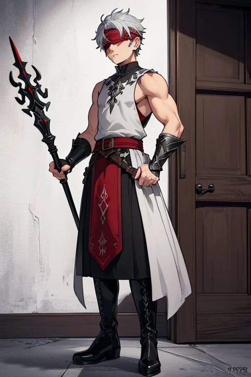 male, grey skin, silver hair, (((1boy))), (((white sleeveless tunic with red trim))), (black long skirt), (black metal boots), (black metal clawed gauntlets), (brown belt), (blindfold), slightly muscular, holding staff
