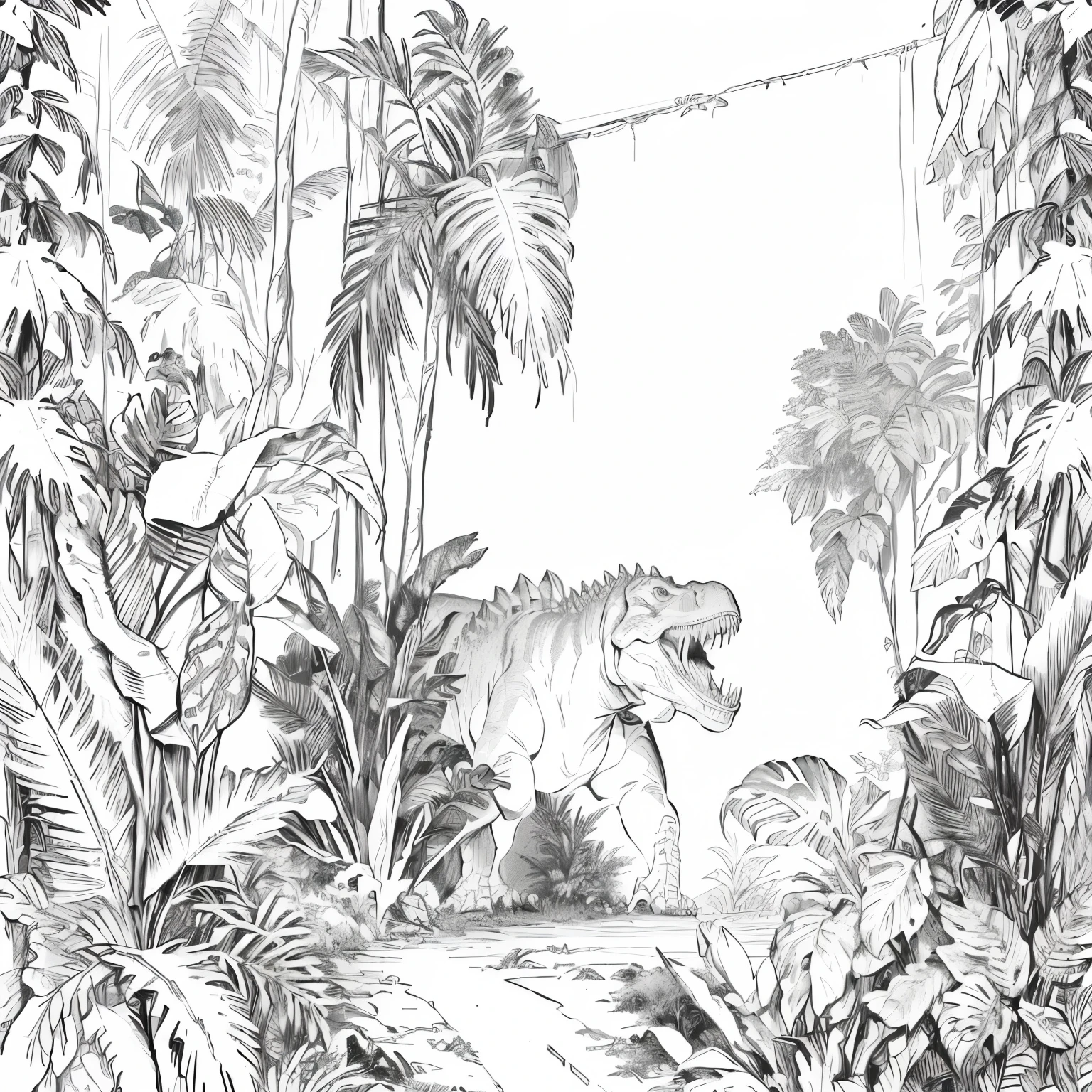 A picture depicting the jungle，Dinosaurs in the painting, Very detailed sketch, Very detailed lines, Clean ink detailed line drawing, Extremely detailed lines, in a highly detailed jungle, Black and white detailed sketch, Very detailed illustrations.”, Linear illustration, Ultra detailed line art, Background is jungle, Full-page illustrations, Sketch Illustration, Full-page illustrations