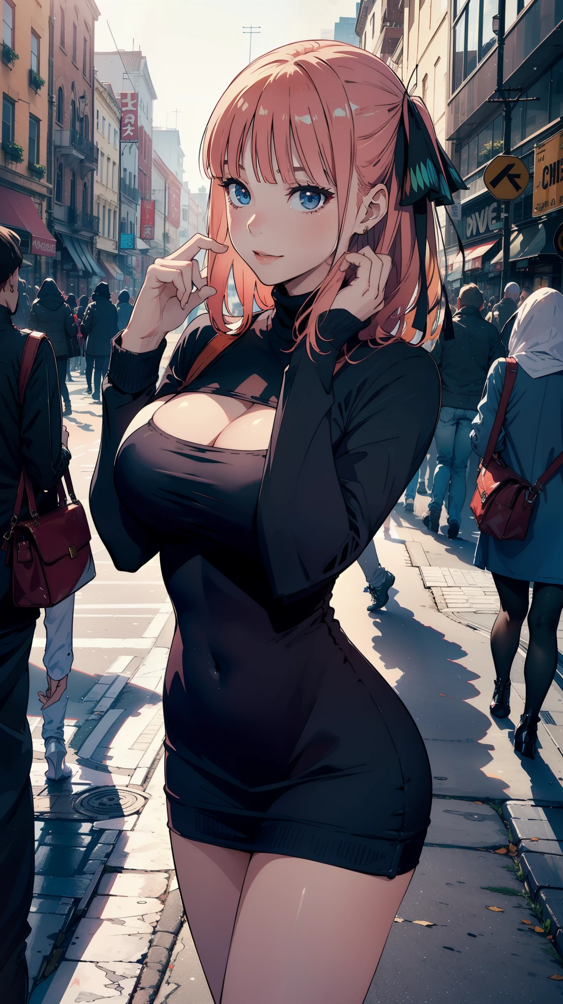 cleavage,1girl:1.5, masterpiece,(in the middle of the city:1.5), raw color, 8k, illustrator, masterpiece, high quality, 8k, high resolution, high detailed, midriff, high quality, （very detailed cg unity 8k wallpaper），best qualtiy，cinematic lighting, ultra - detailed，masterpiece，）, (cleavage:1), (bodypress turtleneck dress:1.5), (big breast), depth of field, front view, smirk smile, detail face, armpit, full body, (highheels), (hollow chest:1.5)