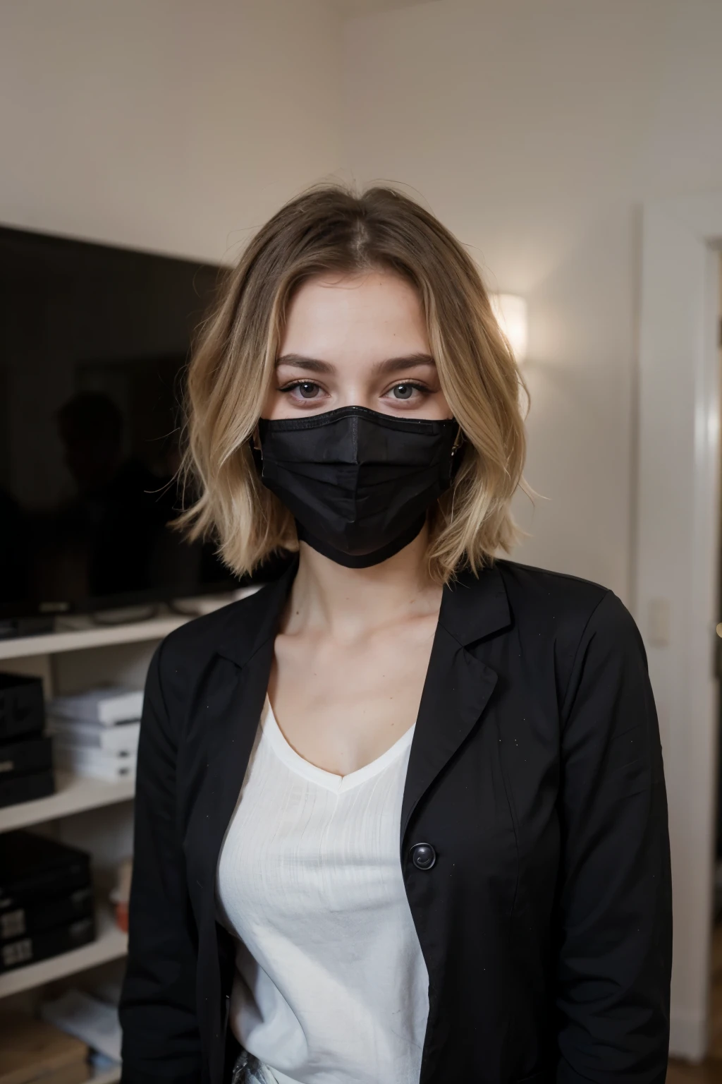 a russian girl with a black mask, which is a doctor 24 year old, blonde hair