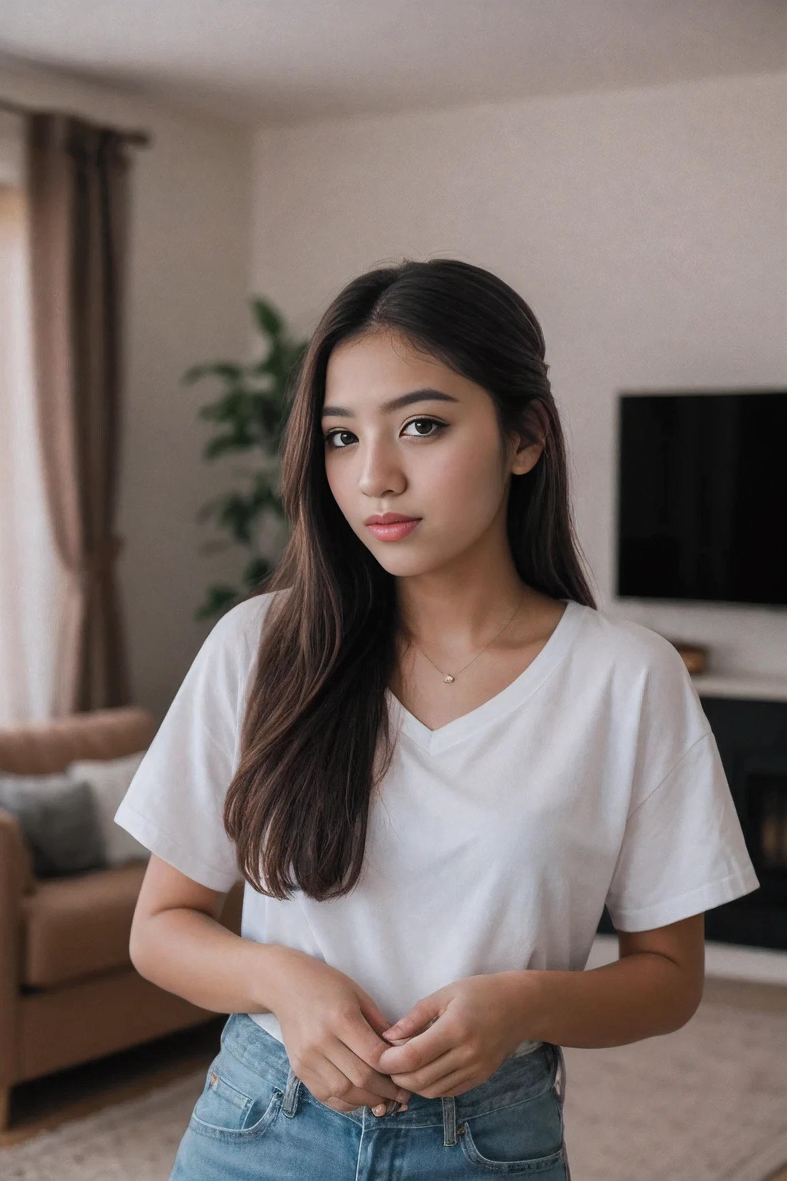 8k uhd, dslr, high quality , RAW photo, Amateur Photography Fujifilm XT3, Canon R5, Beautiful Young Female, Inside Living Room
