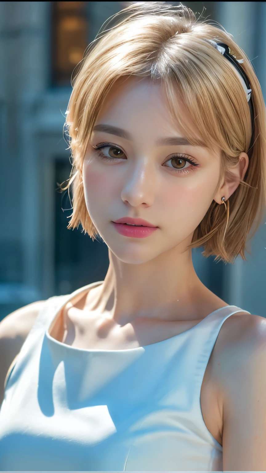 (masterpiece), ((highest quality)), Broke up lips, Light_smile, cinematic Lighting, ultra-Realistic, ((Realistic)), (Gwen_stacy), blonde_hair, short_hair, alone, Side cut, asymmetrical_hair, Broke up_lips, eyebrow_Earrings, (Detailed face), beautiful One girl, One girl, View your viewers, (Beautiful fine details), bodysuit, white Foodie, Food_Down, upper_body, (head shot:1.5),Belly button exposed