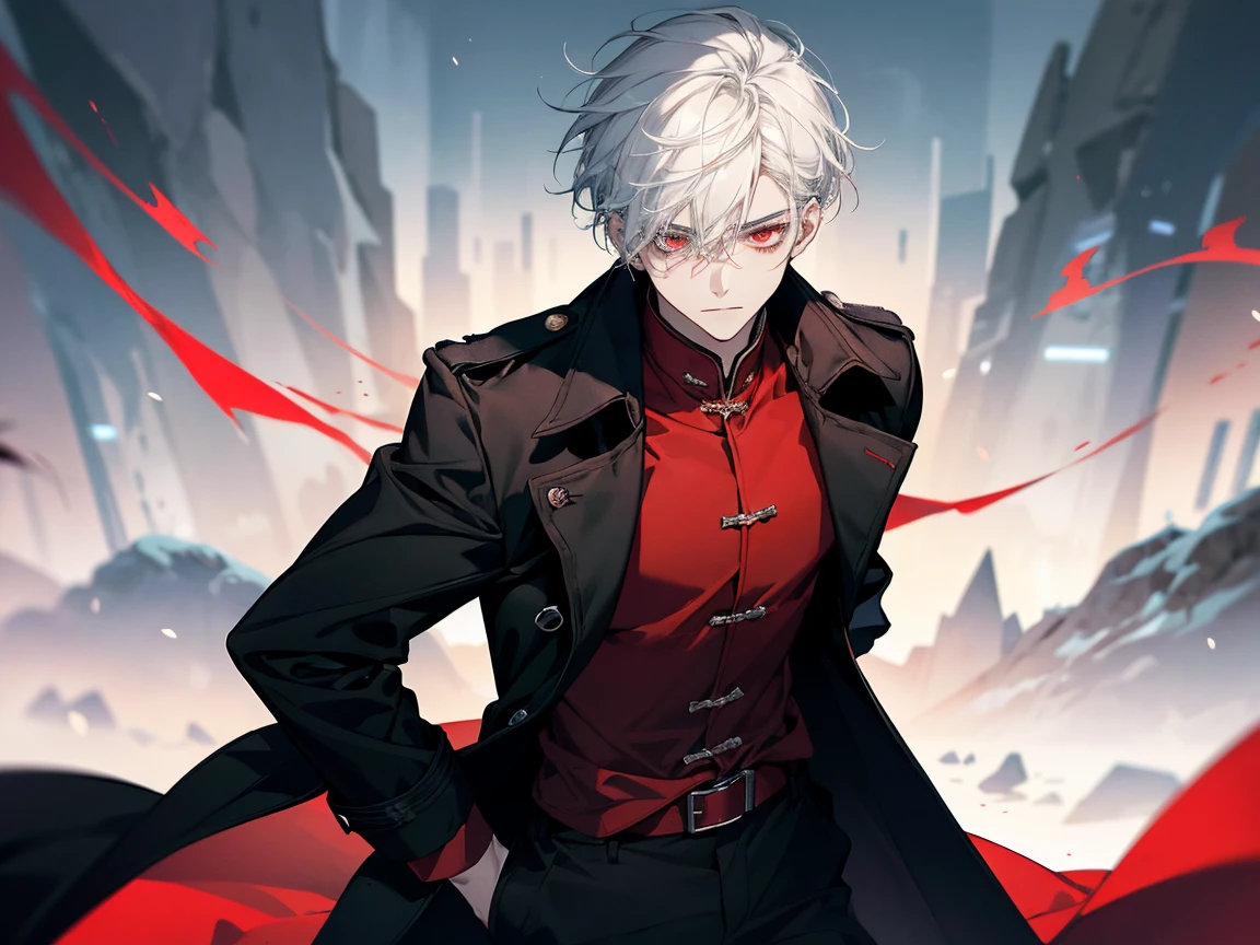 1 male, teenager, Wearing a red shirt, Black trousers, white hair, short hair, Long black trench coat, Facing the details, Delicate eyes, Pale red eyes, The background is a frozen place in China