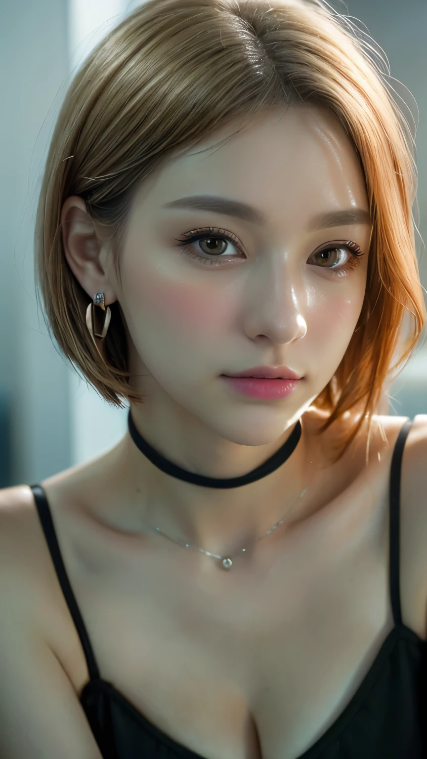 (masterpiece), ((highest quality)), Broke up lips, Light_smile, cinematic Lighting, ultra-Realistic, ((Realistic)), (Gwen_stacy), blonde_hair, short_hair, alone, Side cut, asymmetrical_hair, Broke up_lips, eyebrow_Earrings, (Detailed face), beautiful One girl, One girl, View your viewers, (Beautiful fine details), bodysuit, white Foodie, Food_Down, upper_body, (head shot:1.5),Belly button exposed