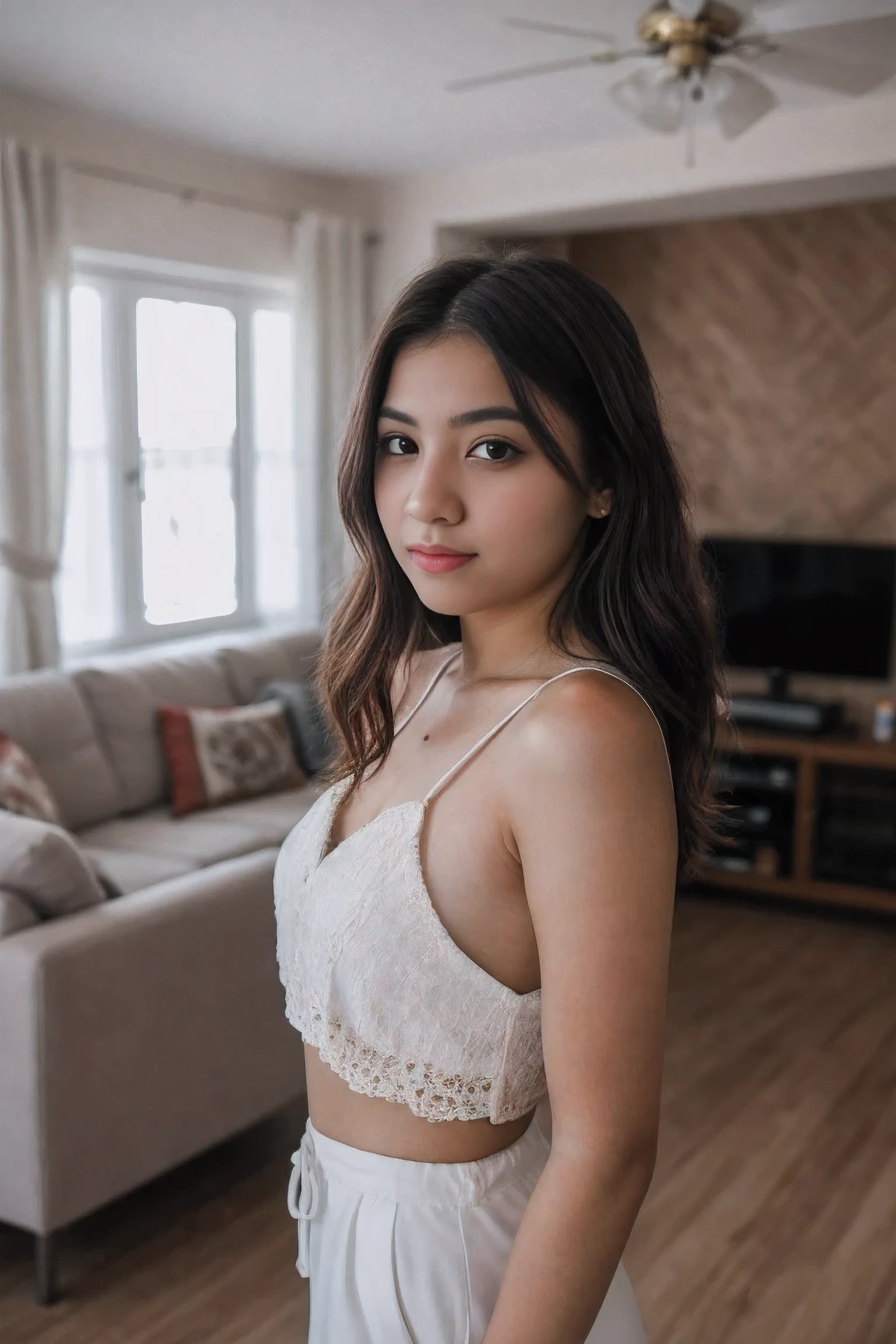 8k uhd, dslr, high quality , RAW photo, Amateur Photography Fujifilm XT3, Canon R5, Beautiful Young Female, Inside Living Room
