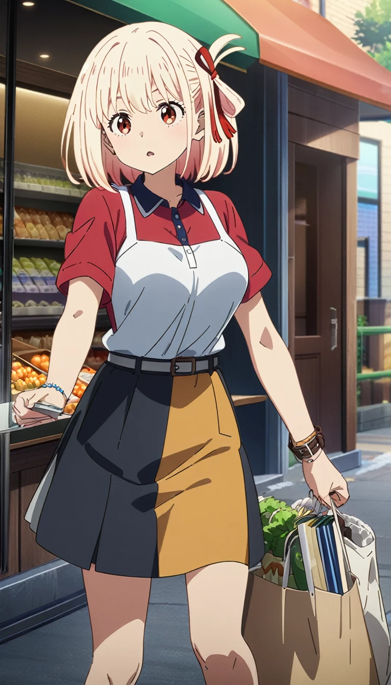 1girl, nishikigi chisato, lycoris recoil, shopping, outdoor, masterpiece, best quality, very aesthetic, absurdres, large breast, anime artwork, anime style, key visual, vibrant, studio anime, highly detailed