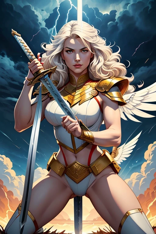 flat colors,glorious victory scene,vivid colors,beautiful vintage warrior woman with very big white open wings,beautiful face,curly long hair,((((holding 1 sword in front of the body in a defensive position)))), white armor with gold embroid details, storm sky and lightning clouds background