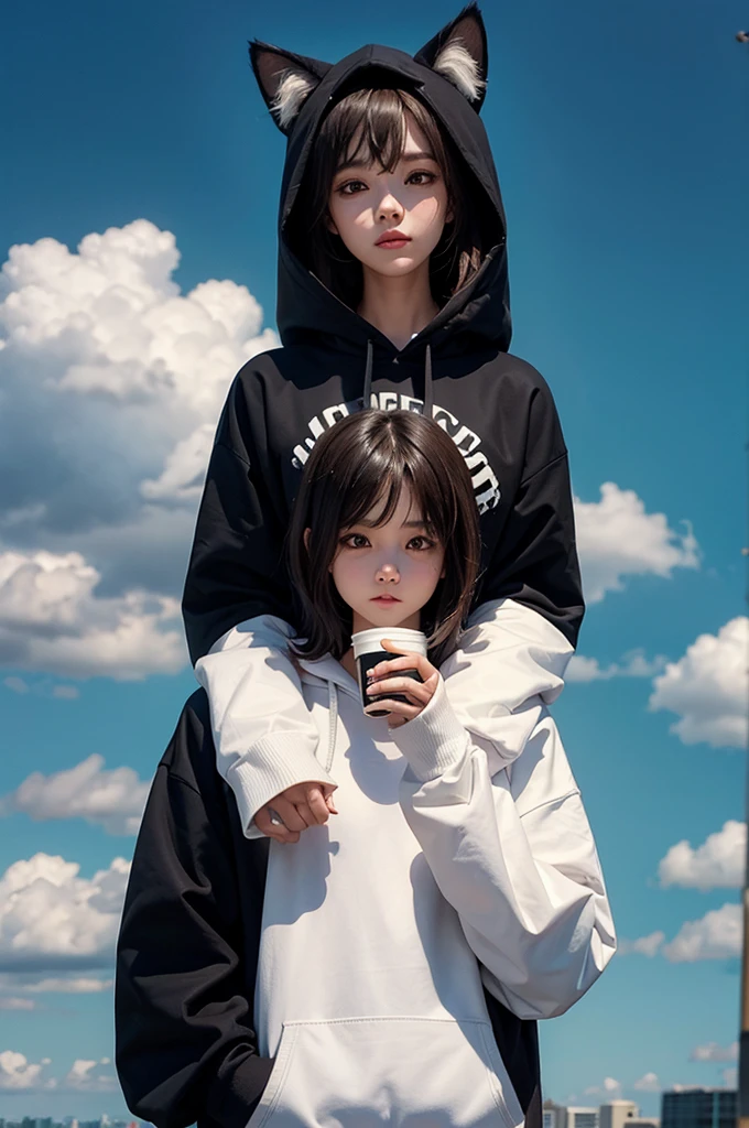 human body, real cat head, holding coffee, wearing black hoodie, clouds background