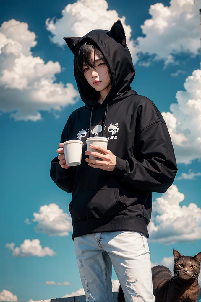 human body, real cat head, holding coffee, wearing black hoodie, clouds background