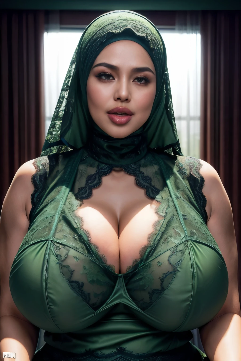 ((thick lips:1.7)), ((SHORT HIJAB)), ((Gigantic tits:1.7)), (dynamic photograph of a 58 year old Indonesian woman), (slim top, cotton panties), (straight non curly hair), (highly detailed face:1.4), (vascular muscles and abs:1.3), (background inside light, bright, private gym:1.1), (8k, uhd, dslr, high quality, cinematic lighting, bokeh), (dramatic, award winning photography, incredible masterpiece:1.3), (((sexy sultry stare at camera:0.8))), ((she is ready to dominate you:0.5)), ((beautiful feminine face)), add_detail:1, (((wearing green berry LACE fluorescence sleeping lingerie))), very huge tits