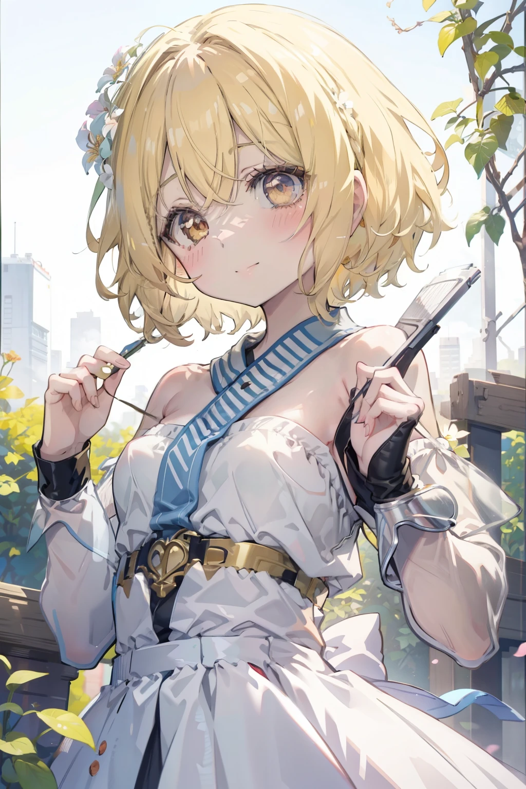 firefly、Good looking girl (blush, Perfect Face), independent , Looking at the camera, masterpiece, Anime art style, Cute Characters, Most detailed, high quality、Nico Nico Smile、There are highlights in the eyes、blonde、The whole body is visible、Lolita、Small breasts、Braided Short Hair、Flower decoration