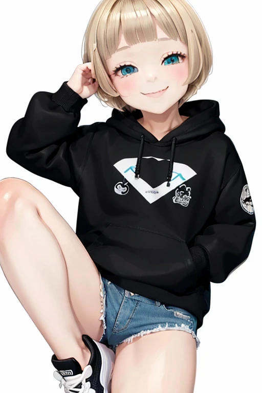 Blonde hair, short mash hair, turquoise eyes,A girl with impressive blonde hair、hair ornaments、short bob、hot pants、smile、dynamic pose, plain white hoodie, black shorts, black sneakers, mocking smile