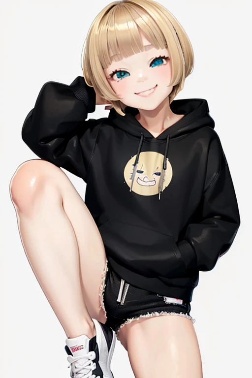 Blonde hair, short mash hair, turquoise eyes,A girl with impressive blonde hair、hair ornaments、short bob、hot pants、smile、dynamic pose, plain white hoodie, black shorts, black sneakers, mocking smile