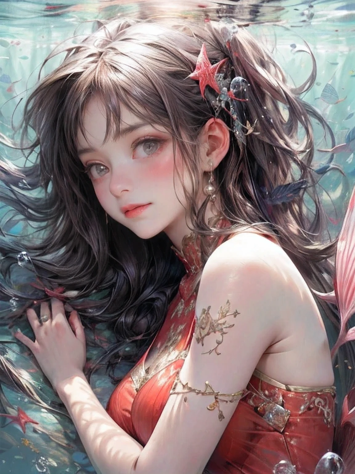 masterpiece:1.2, top quality, 8k, highres, ultra-realistic:1.37, beautiful ultra-detailed:1.2, beautiful woman in a crimson dress, lying, gracefully swimming underwater like a drifting mermaid, many bubbles:1.2, beautiful delicate long
eyelash beautiful delicate eyes, beautiful delicate pupils, beautiful delicate lips, beautiful delicate dress, gentle smile,