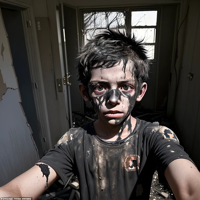 A selfie taken by an elementary school boy who was covered in soot and in tatters after being caught in an explosion