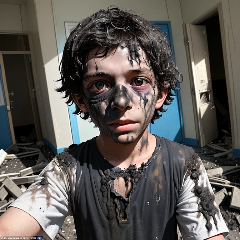A close-up of a boy covered in soot emerges from the entrance of a building after being caught in an explosion during the filming of a comedy movie.