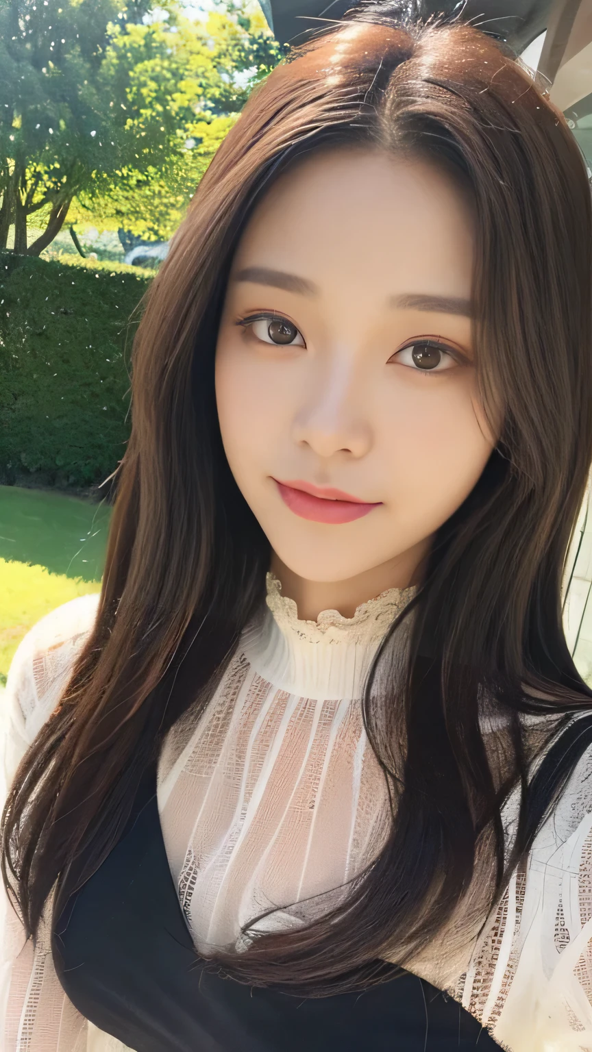 Full body angle、((highest quality, 8K, masterpiece:1.3)), concentrated:1.2, Perfect body beauty:1.4, Hips:1.2, ((Delicate Hair)), (Colorful lettuce cut mock neck see-through top without bra、 :1.1) , ((highest quality、8K、masterpiece:1.3))、1 Girl、A sloppy smile、Esbian all over、Slim face、Big 、Beautiful woman、(Dark Brown Hair)、Long Hair、1.1、Flickering Valley、Detailed eyes、double eyelid、Blurred Background、超Slim face、Looking down、garden、