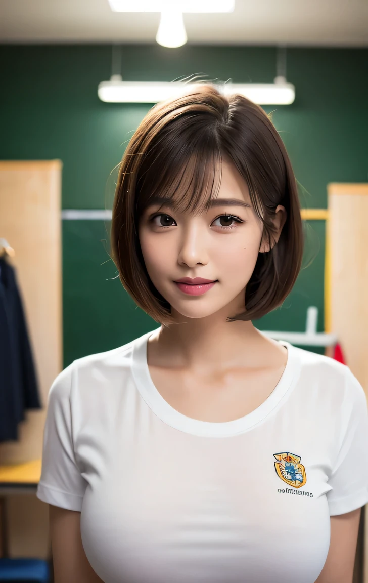 beautiful face, Amazing face and eyes, (silky brown hair, (hime cut hair:1.2)), , , delicate, (Best Quality:1.4), (Ultra-detailed), (extremely detailed beautiful face),, brown eyes, (highly detailed Beautiful ), , (extremely detailed CG unified 8k wallpaper), Highly detailed, High-definition raw color photos, Professional Photography, Realistic portrait, Extremely high resolution, ,, , ((photo from the waist up )), Generate with SFW, ((1 girl:1.3)), Japanese ((20year old )), , (highest quality:1.4), 32k resolution, (Realistic:1.5), (Ultra-realistic:1.5), High resolution UHD, (masterpiece:1.2)), (Improvement of quality:1.4), (Very beautiful facial details), (Highest quality realistic skin texture:1.4), ((Perfect Anatomy:1.2)), (Are standing:1.37), , ((light light grey background color:1.0)), Accurate Fingers, Very detailed, Symmetrical eyes, Fine eyelashes, Thinly trimmed eyebrows, View audience, Natural Makeup, [Pink lipstick], ((A good eye for quality:1.2)), (tired, Sleepy and satisfied:0.0), (Beautiful Lips:1.33), (Great nose:1.2), ((dressing room of school of the Background:1.37)), ((small breast)), Tight waist, , , bangs, , Gentle light illuminates the face and body, Spectacular and inspiring cinema lighting, big smile , , (noon,), , ((In the classroom of the school,)), ((wearing school white gym shirt,wearing black buruma)), ,, , ((arms at sides down)),full body photo ,Do not enphasize the top of bust,
