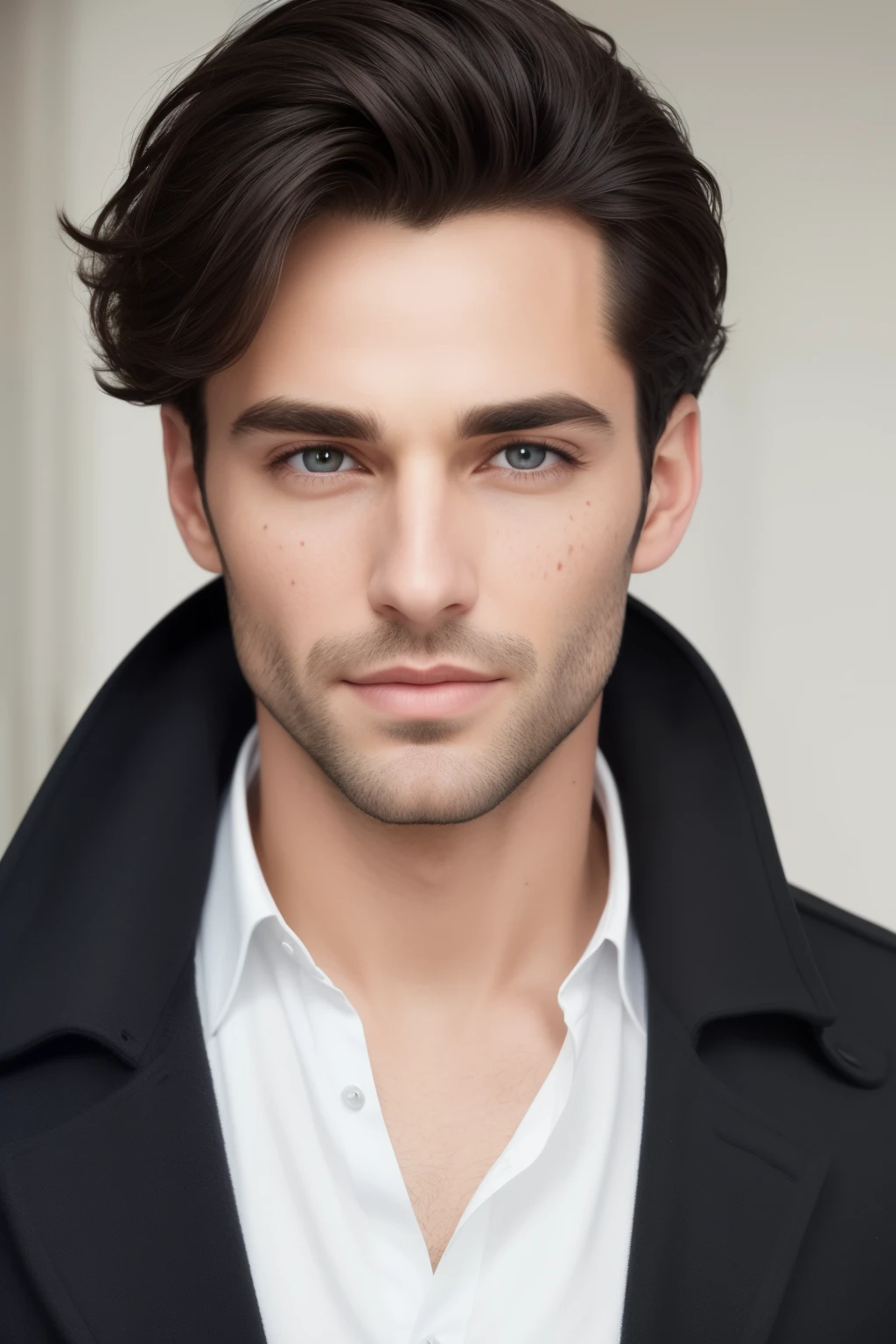 Ultrarealistic long full face and body image of a captivating 33-year-old man with a charmingly handsome face, characterized by deep hazel eyes that draw in anyone within sight. His black hair, sprinkled with lighter highlights, gracefully cascades down his shoulders, framing his face with an air of sophistication. Full lips part in a playful smile, revealing the absence of makeup. Unique features add to his allure – one or more moles add a touch of mystery, and light freckles infuse a natural, youthful energy. His irresistible charm is a harmonious blend of captivating and distinctive attributes.

The subject engages the