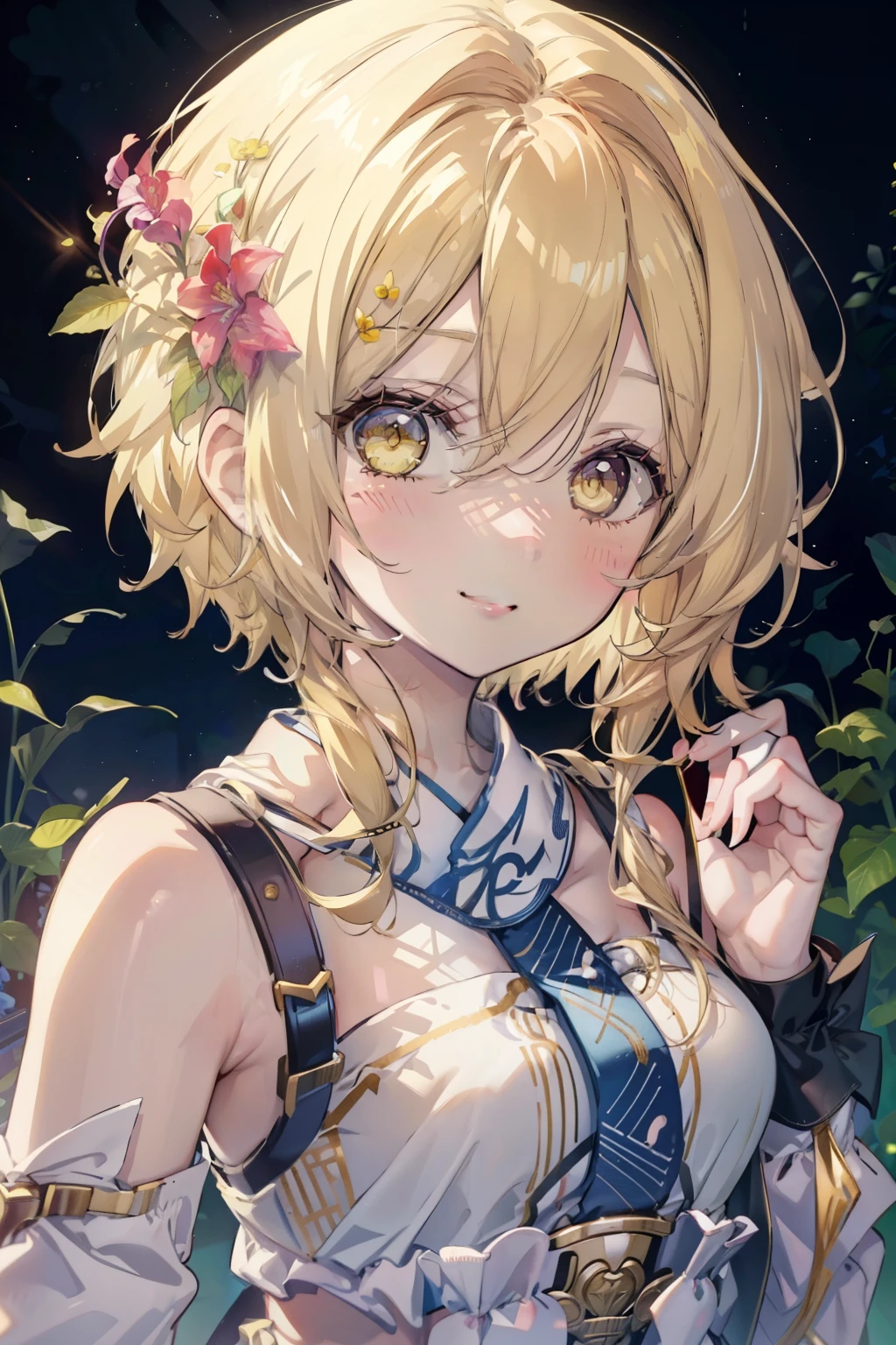 firefly、Good looking girl (blush, Perfect Face), independent , Looking at the camera, masterpiece, Anime art style, Cute Characters, Most detailed, high quality、Nico Nico Smile、There are highlights in the eyes、blonde、The whole body is visible、****ta、Small breasts、Braided Short Hair、Flower decoration、Yellow Eyes