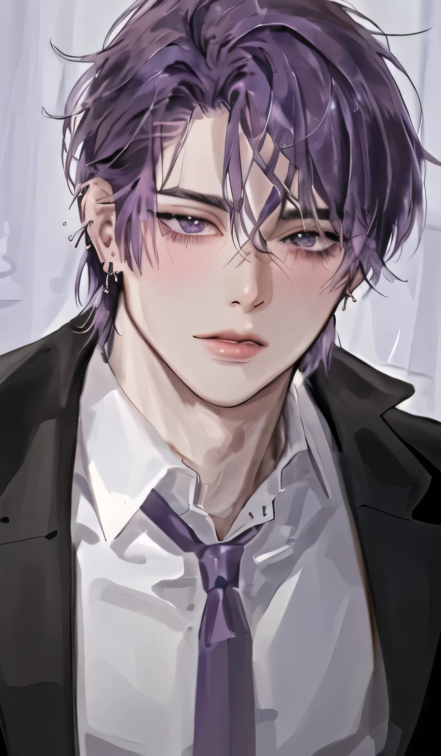 1mascular man, portrait, earrings, solo,lips, male focus, purple eyes, looking at viewer, purple hair, short hair, closed mouth,