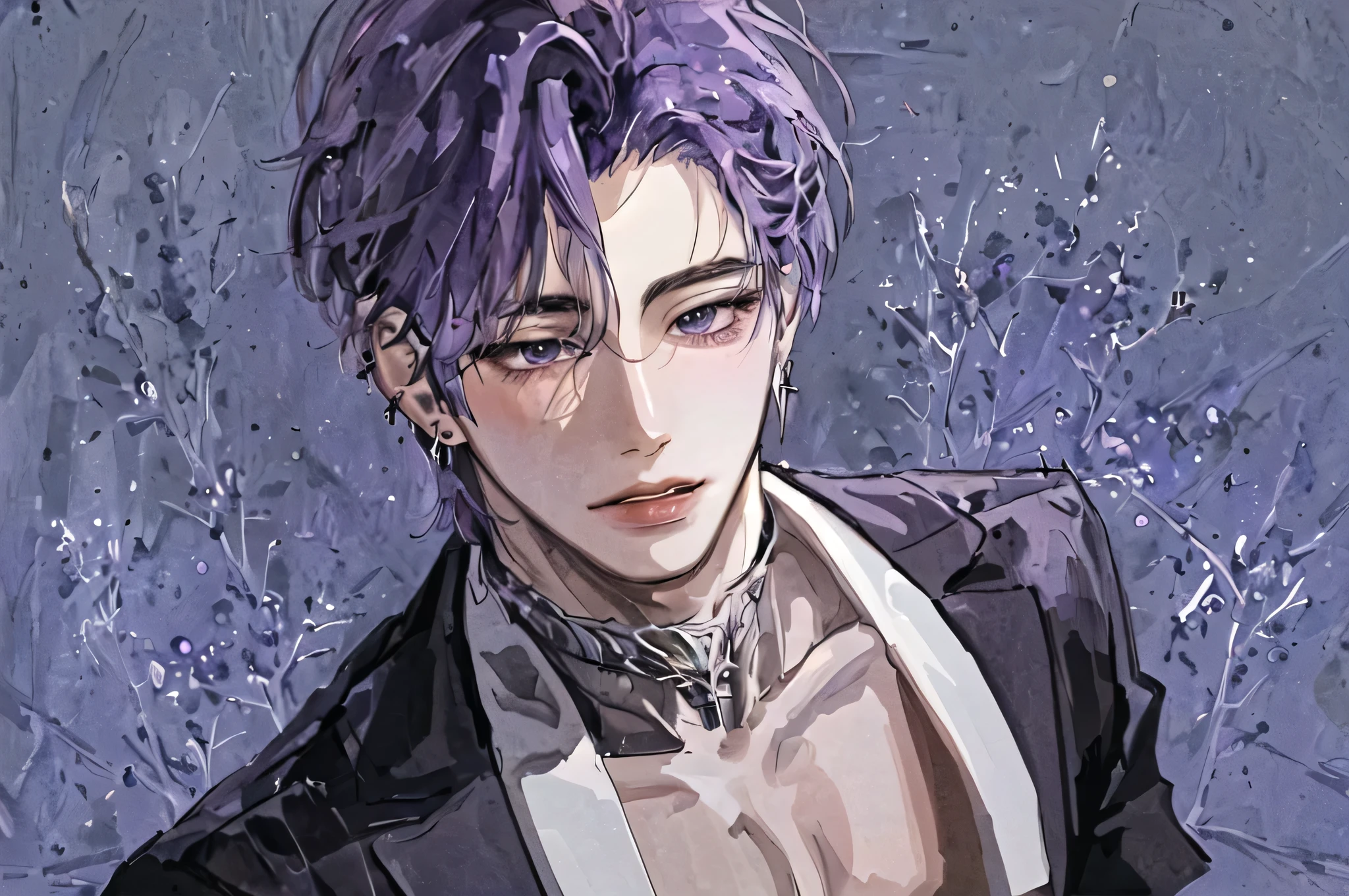 1mascular man, portrait, earrings, solo,lips, male focus, purple eyes, looking at viewer, purple hair, short hair, closed mouth, a duke