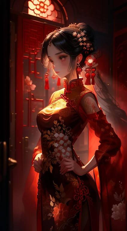 Picture a masterpiece of a wallpaper in best quality and highest resolution, displaying an exquisitely detailed image of a girl adorned in an authentic, jewel-like cheongsam. The Chinese straight dress, with its vibrant red color and intricate patterns, fits her like a glove, revealing her medium-sized breasts and short sleeves. Her hair is tied up in a elegant bun and accessorized with traditional earrings and nipple rings.
With one hand on her hip, she stands alone in the room, the scent of flowers wafting through the air. The sun streamed in through the windows, casting perfect lighting on her face, her brown hair, and the delicate details