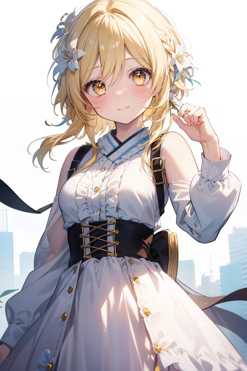 firefly、Good looking girl (blush, Perfect Face), independent , Looking at the camera, masterpiece, Anime art style, Cute Characters, Most detailed, high quality、Nico Nico Smile、There are highlights in the eyes、blonde、The whole body is visible、ta、Small breasts、Braided Short Hair、Flower decoration、Yellow Eyes
