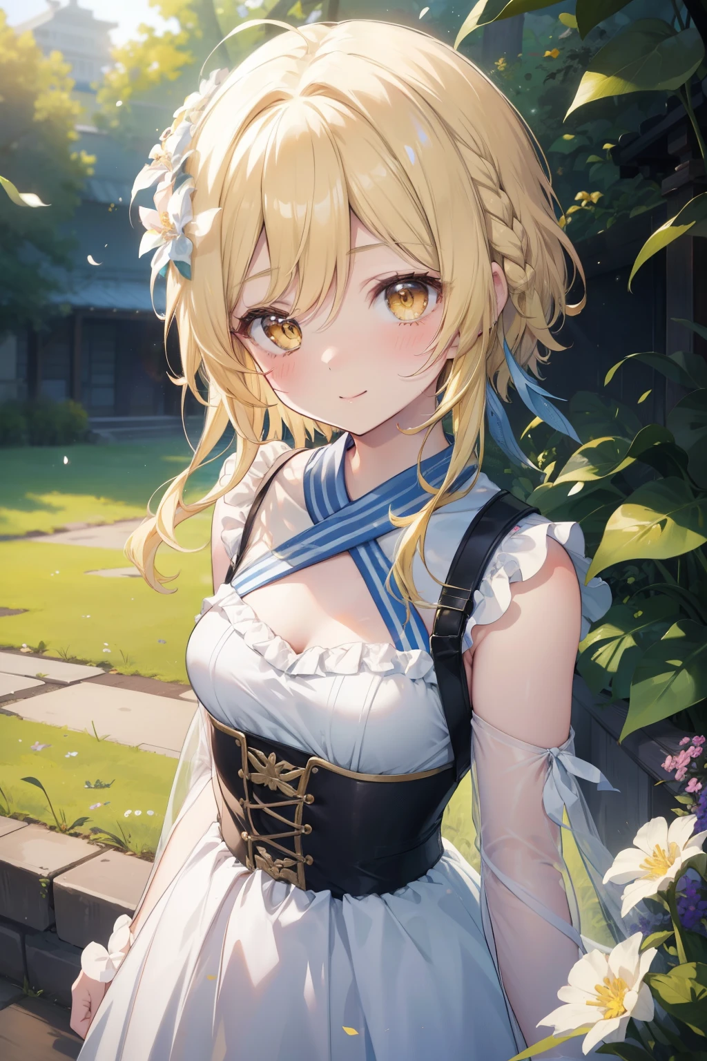 (masterpiece, highest quality, highest quality,official art),(1 girl:1.3),(attractive girl),((masterpiece, highest quality))、8K、one woman、（(26 years old))、((blonde))、shortcut、attractive woman、blue eyes、Big eyes、sparkling eyes、Beautifully drawn eyes、bright smile、small bust、blue gothic maid、white headband、Knee to head、(dance)、flower bed full of blooming flowers、Gorgeous illustrations、aerial perspective、pure、transparent、Light、Light、Light、Light、