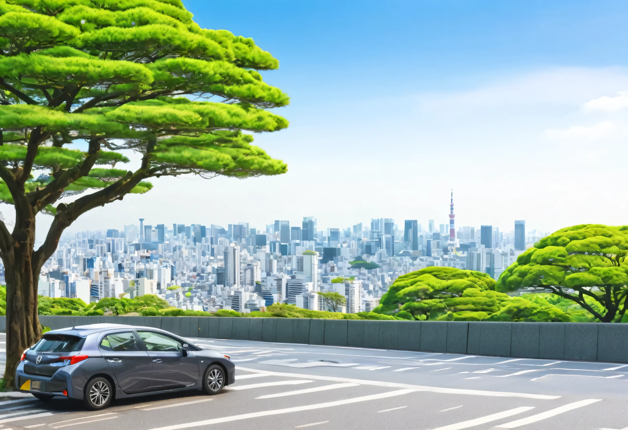 Car and tree in the foreground々Cityscape with, a picture by Ayako Rokkaku, Shutterstock, Digital Art, City street view background, Park in the background, Park Background, Urban Background, Detailed Landscape — Width 672, countryside city scene, Tokyo cityscape background, Urban Background, Cityscape, detailed Urban Background, Background city, modern Urban Background