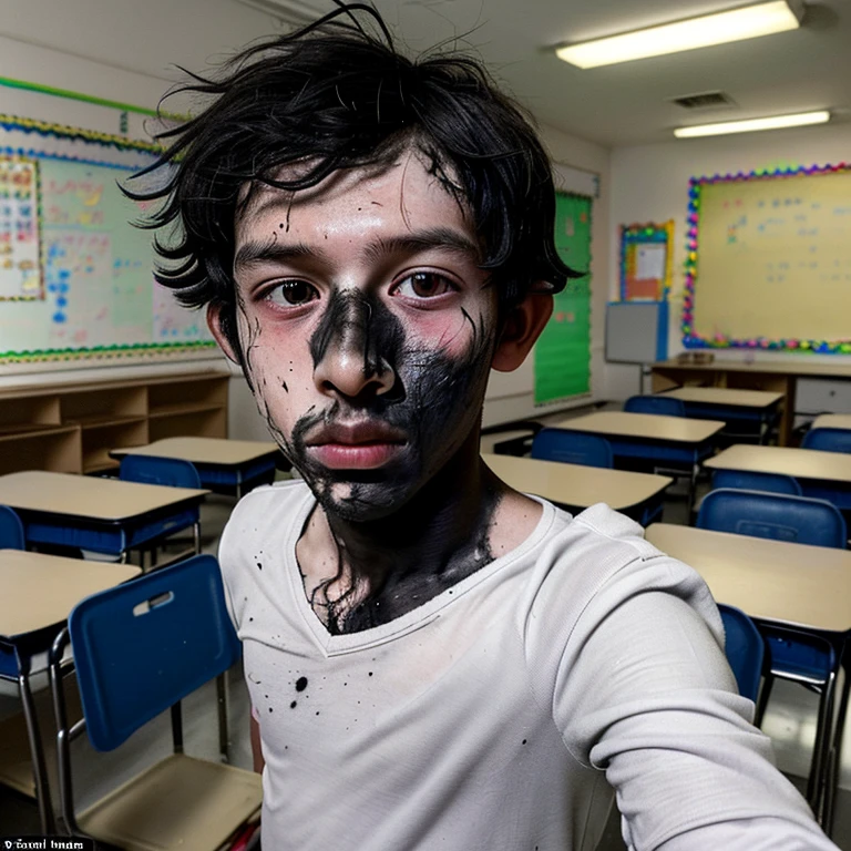 A selfie of an elementary school boy covered in soot and in tatters after being caught in an explosion in his classroom
